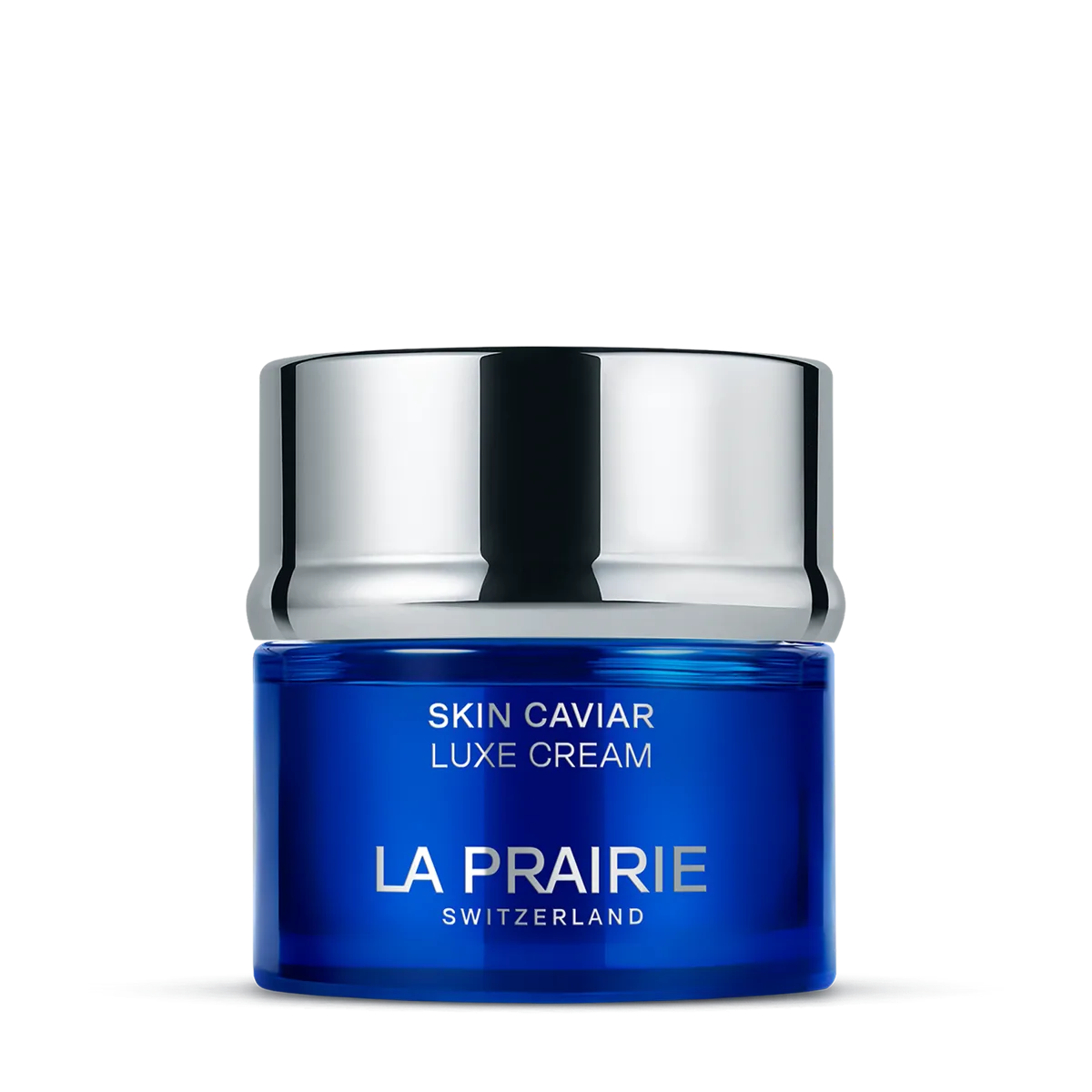 La Prairie Skin Caviar Luxe Cream in iconic cobalt blue glass jar with silver lid