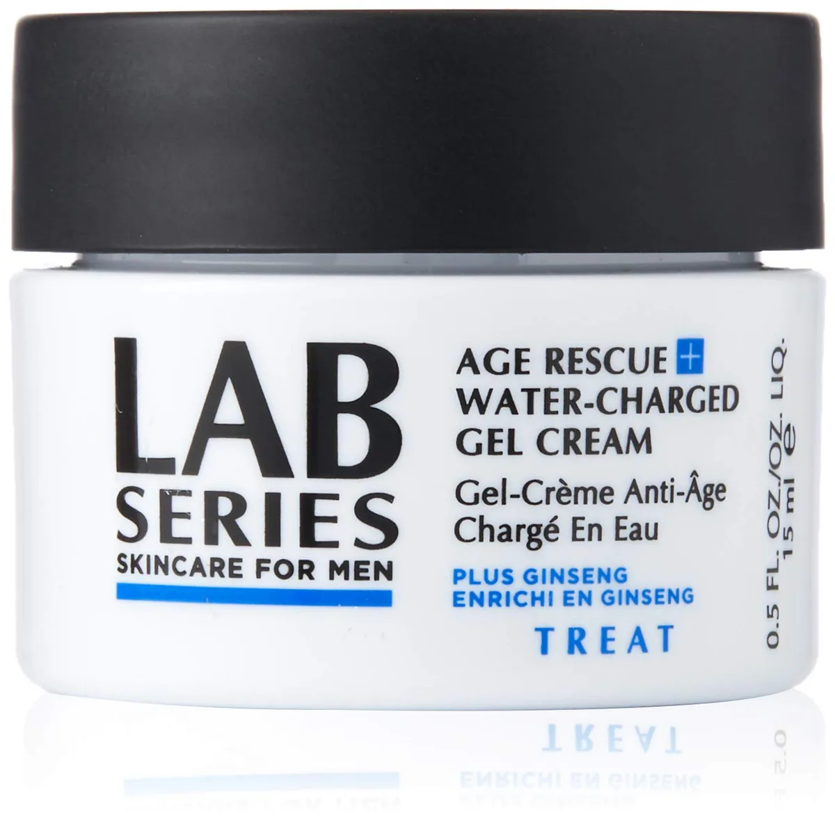 Lab Series Age Rescue Water-Charged Gel Cream in a dark glass jar with screw-top lid