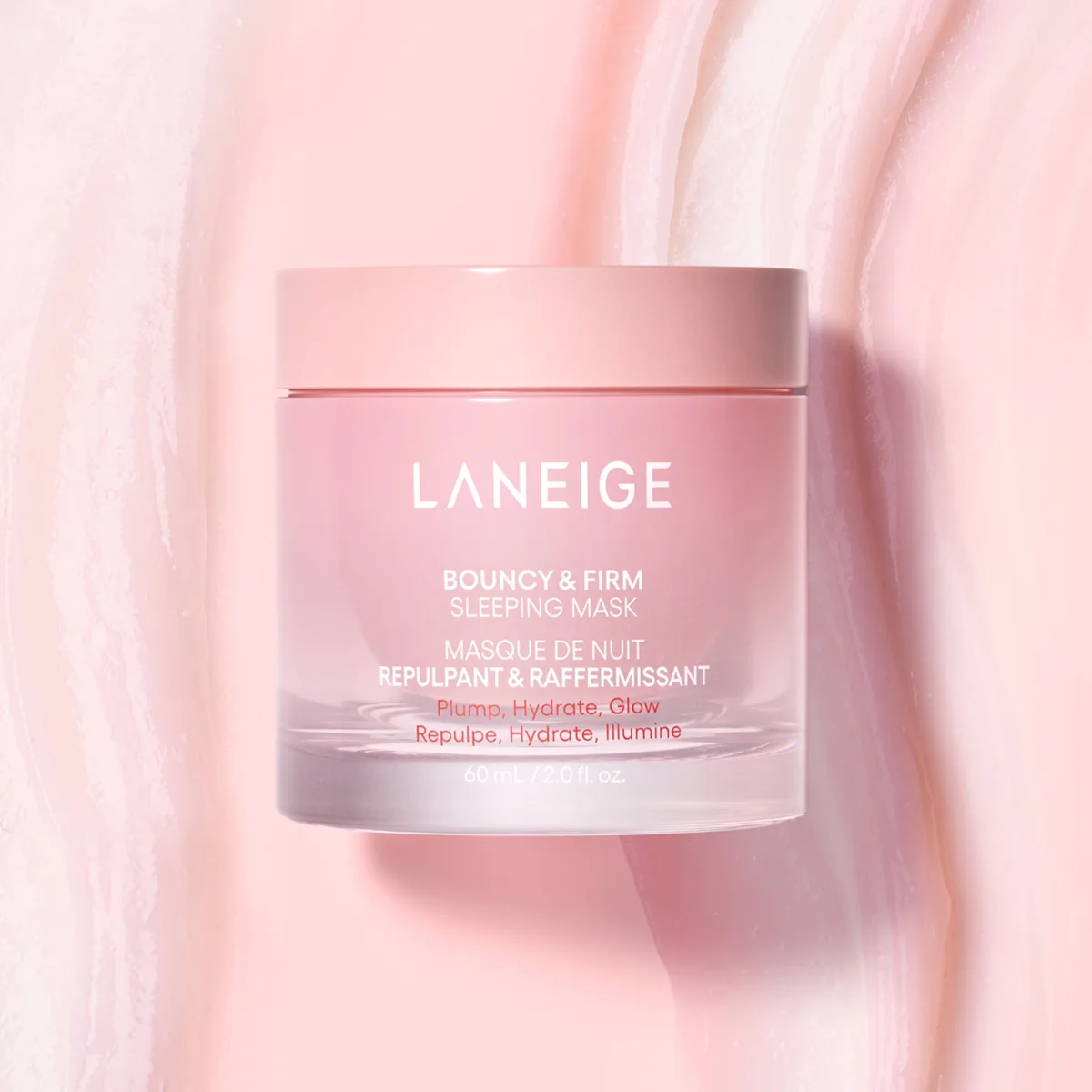 Laneige Bouncy & Firm Sleeping Mask in a pale pink jar with signature Laneige branding