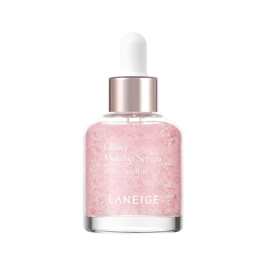 Laneige Glowy Makeup Serum in a pink glass bottle with dropper applicator