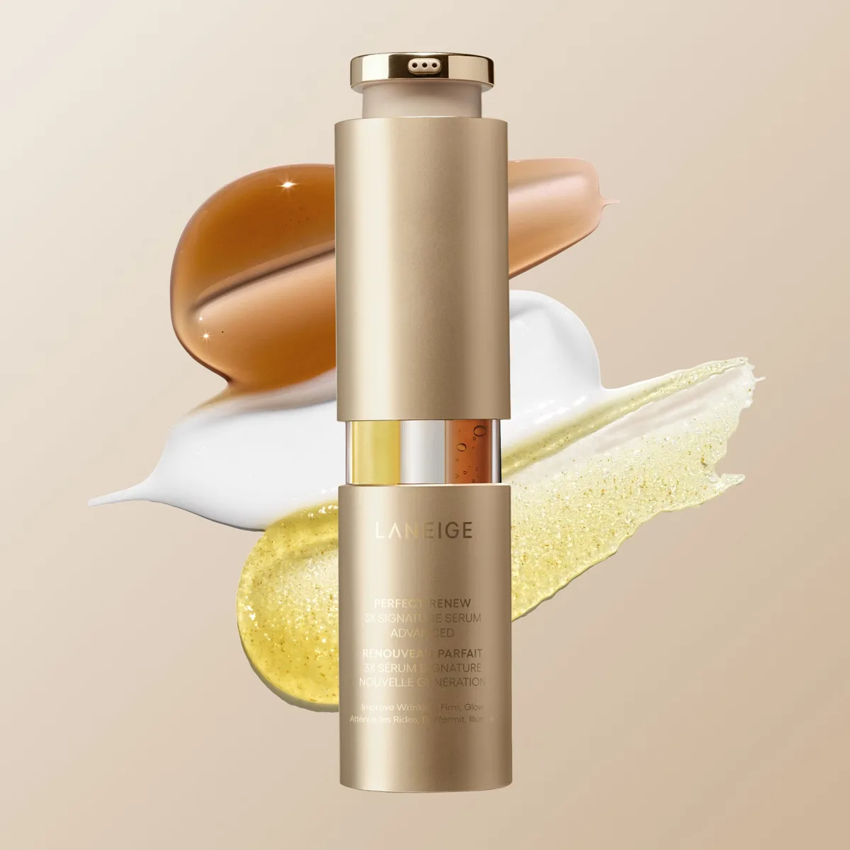 Laneige Perfect Renew 3X Signature Serum in a triple-chamber airless pump bottle