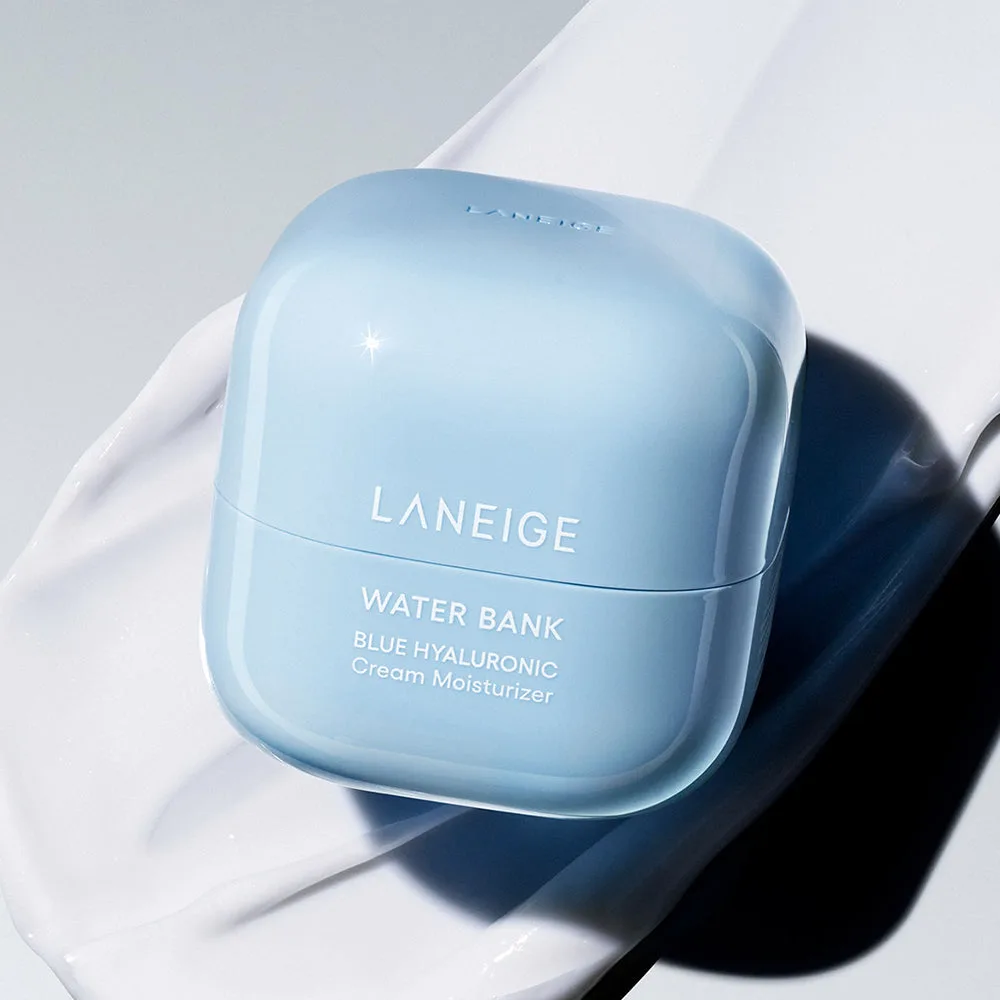 Laneige Water Bank Blue Hyaluronic Cream Moisturizer in a blue and white refillable jar