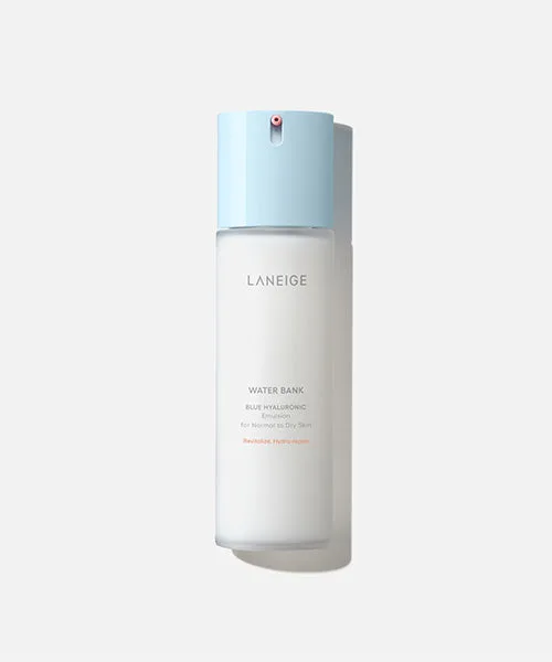 Laneige Water Bank Blue Hyaluronic Emulsion bottle with pump dispenser in blue and white packaging