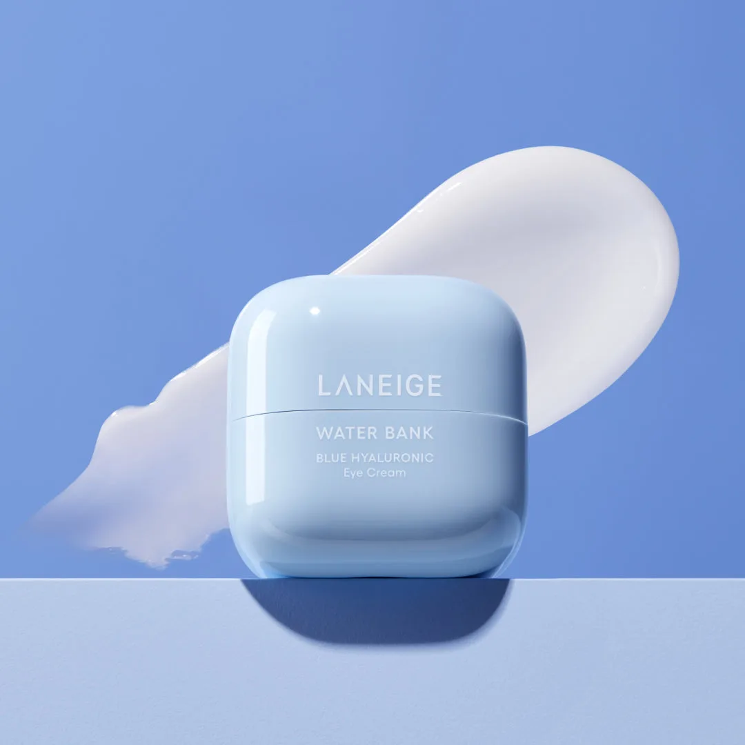Laneige Water Bank Blue Hyaluronic Eye Cream in a small blue cube jar