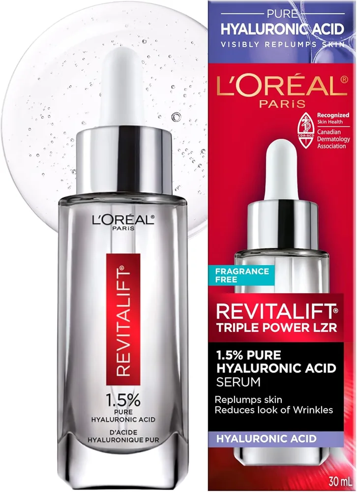 L'Oréal Paris Revitalift Derm Intensives 1.5% Pure Hyaluronic Acid Serum in a glass dropper bottle