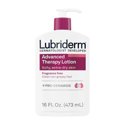 Lubriderm Advanced Therapy Fragrance-Free Moisturizing Lotion in a white bottle