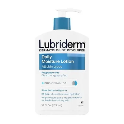 Lubriderm Daily Moisture Hydrating Body Lotion Fragrance-Free in a green and white pump bottle