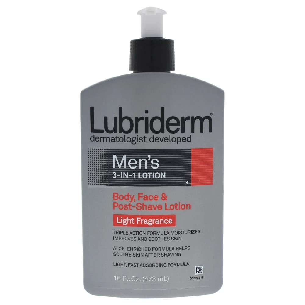 Lubriderm Men's 3-in-1 Lotion in a pump bottle with blue-gray branding