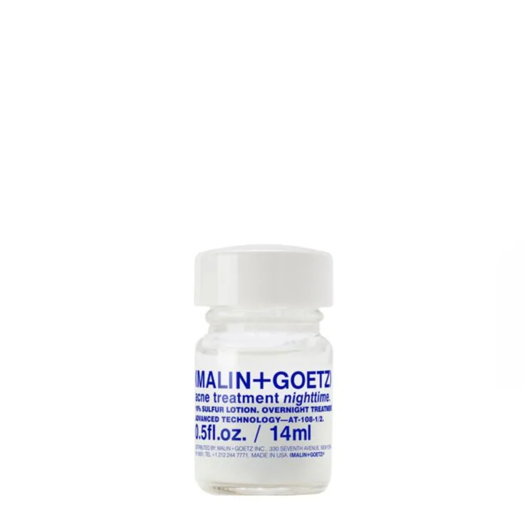 Malin + Goetz Acne Treatment Nighttime Serum frosted glass bottle with pink sulfur sediment