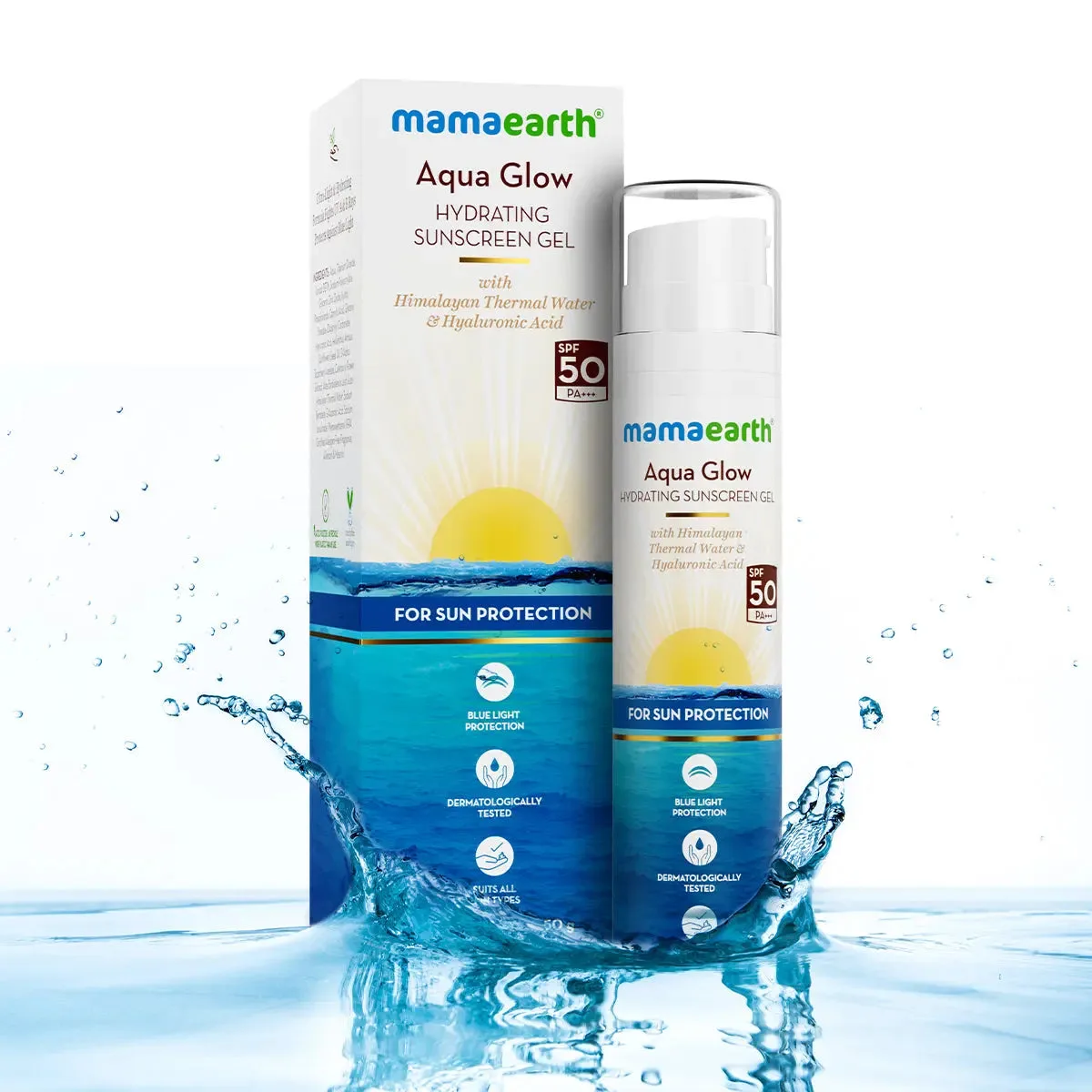Mamaearth Aqua Glow Gel Sunscreen SPF 50 50g teal and white squeeze tube