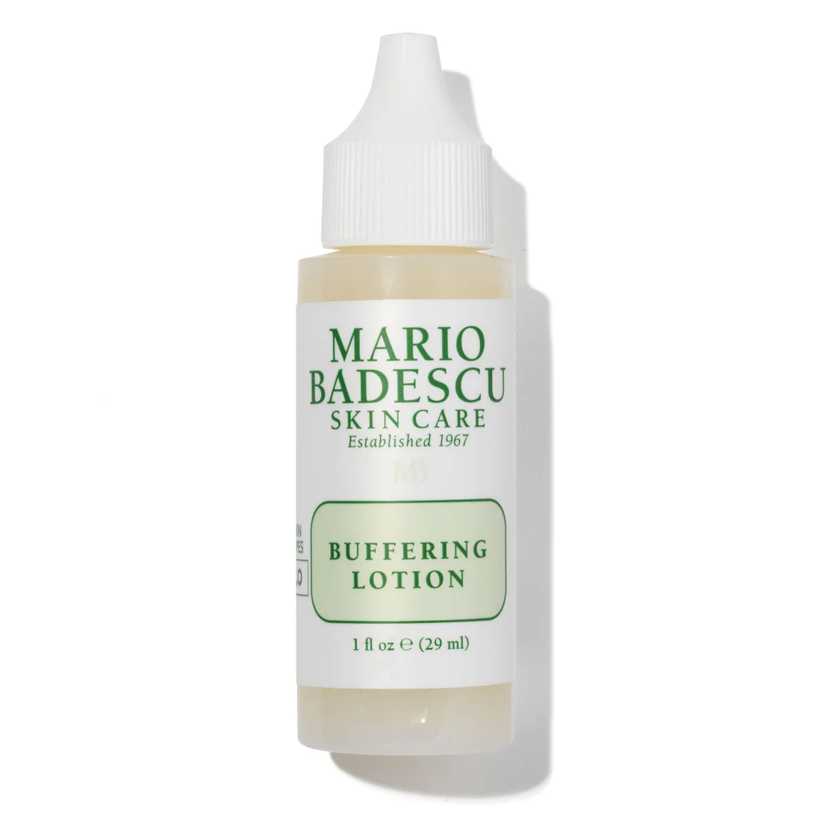 Mario Badescu Buffering Lotion glass bottle with white liquid suspension for cystic acne spot treatment