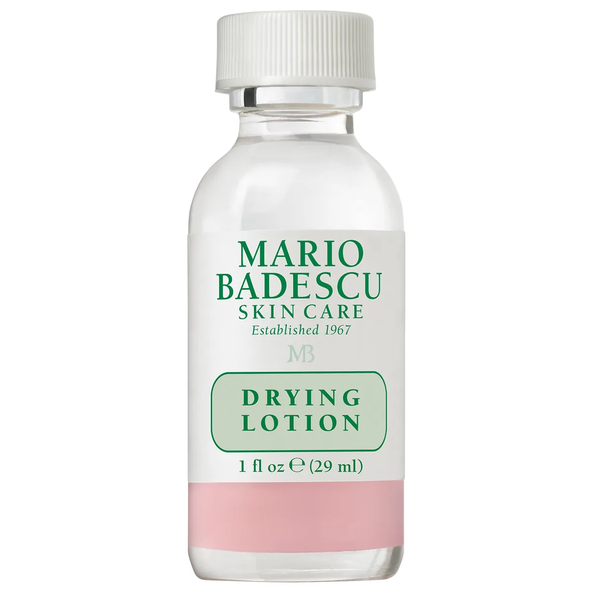 Mario Badescu Drying Lotion glass bottle showing iconic two-phase design with clear liquid over pink calamine sediment