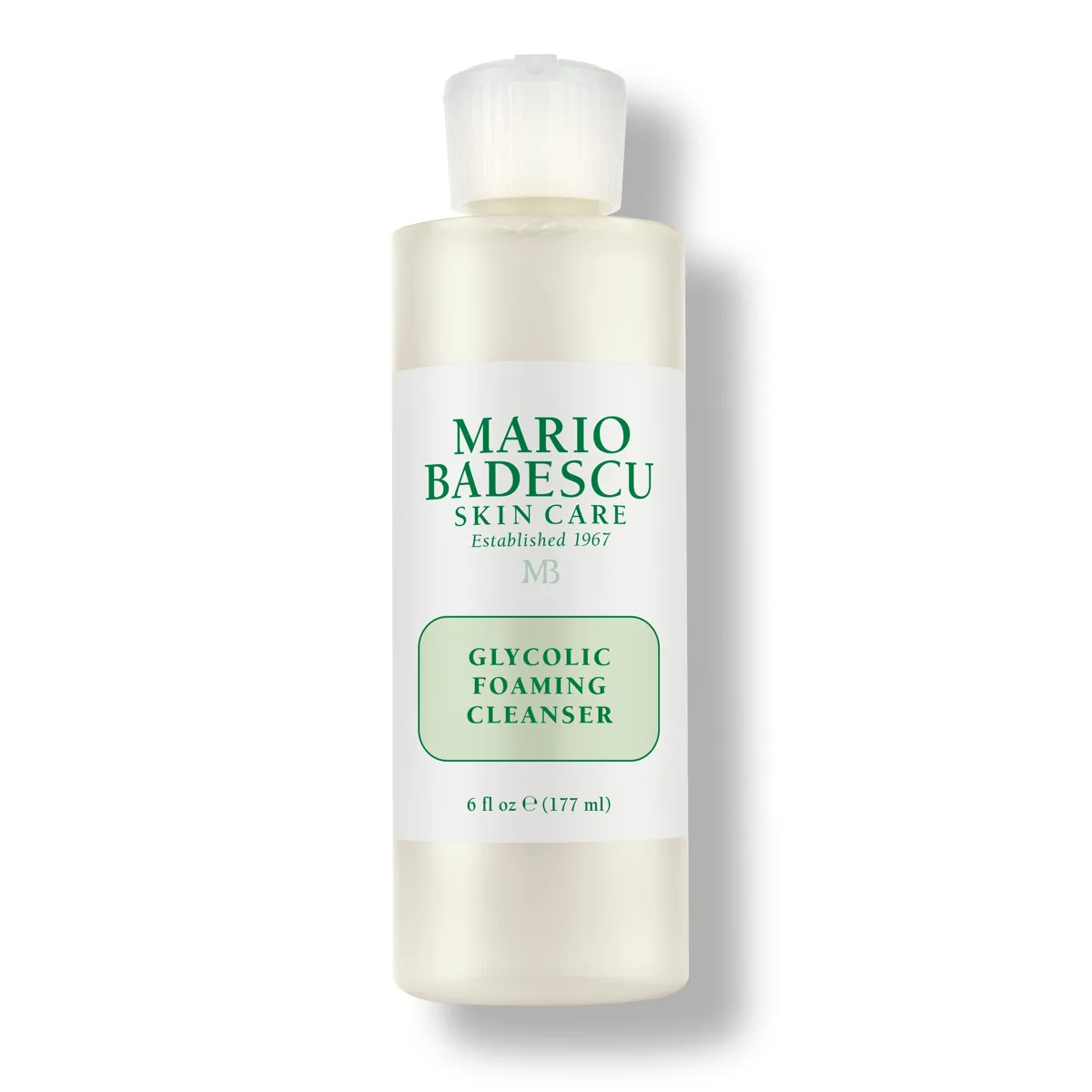 Mario Badescu Glycolic Foaming Cleanser in a white squeeze tube with green text