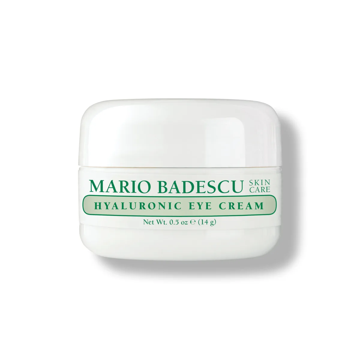 Mario Badescu Hyaluronic Eye Cream in a small glass jar with white and green label