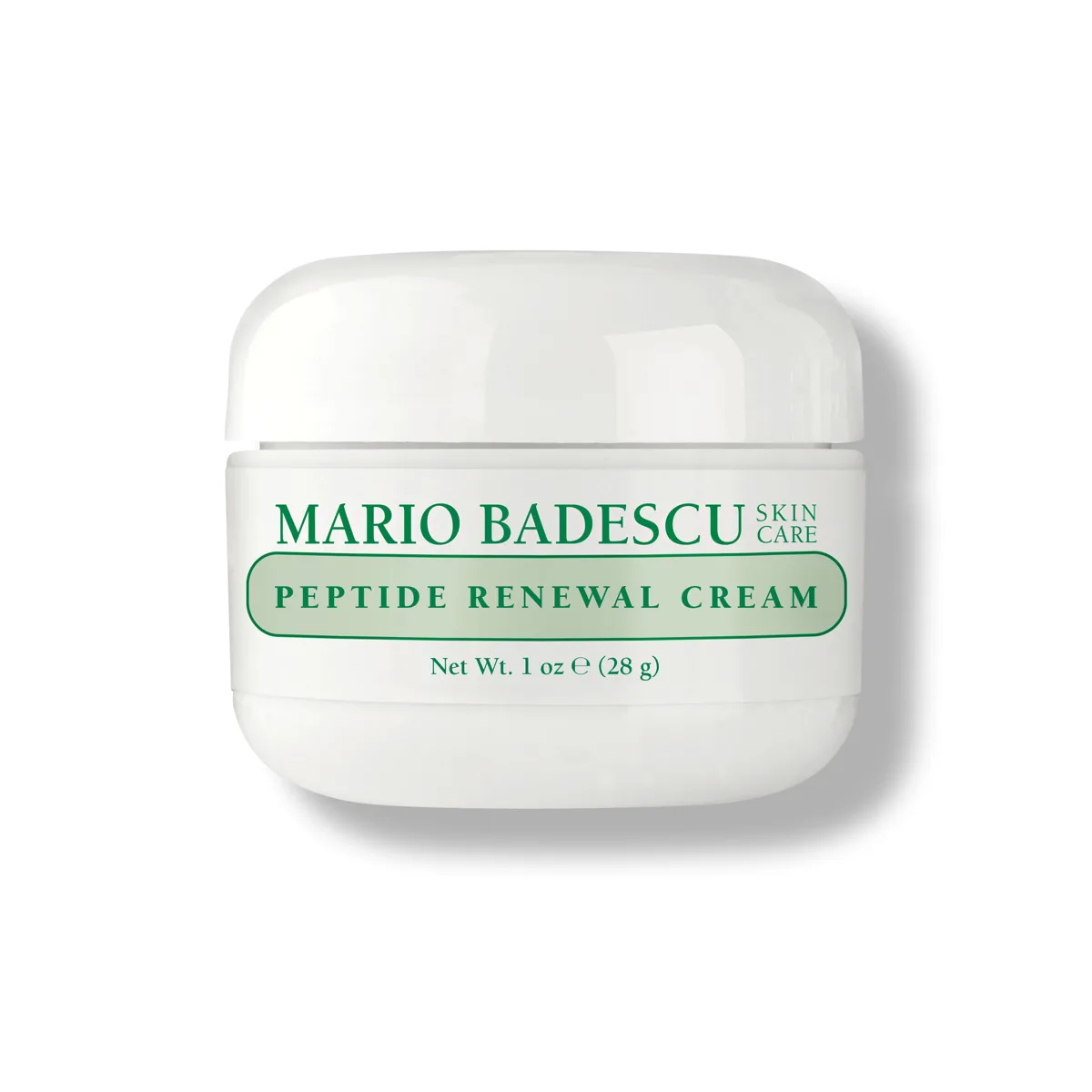 Mario Badescu Peptide Renewal Cream in a glass jar with white and green label