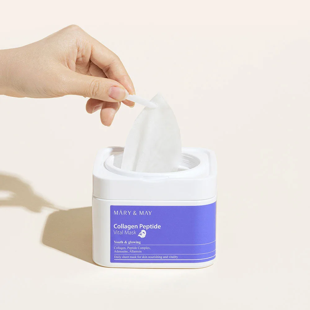 Mary and May Collagen Peptide Vital Mask 30 sheet pull-out tub with tweezer