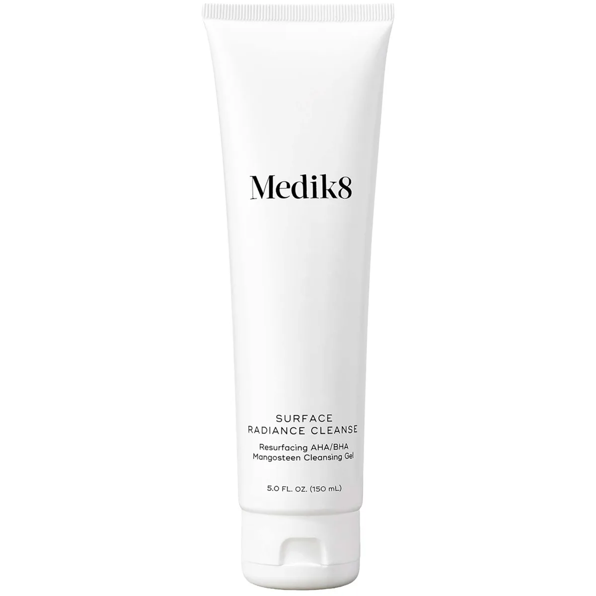 Medik8 Surface Radiance Cleanse AHA/BHA Cleanser in a white squeeze tube with green accents