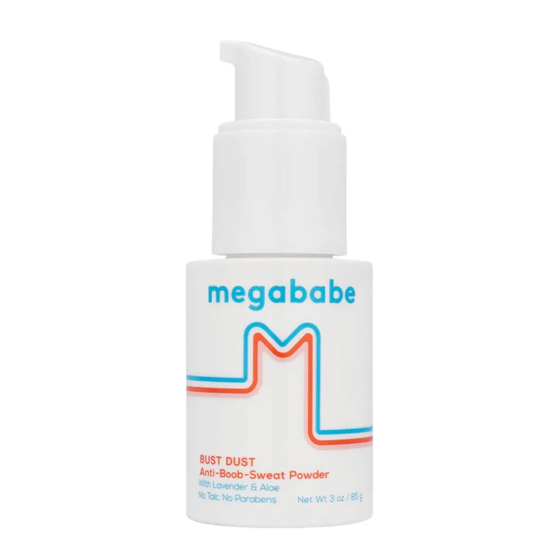 Megababe Bust Dust Anti-Boob-Sweat Powder bottle with pump applicator