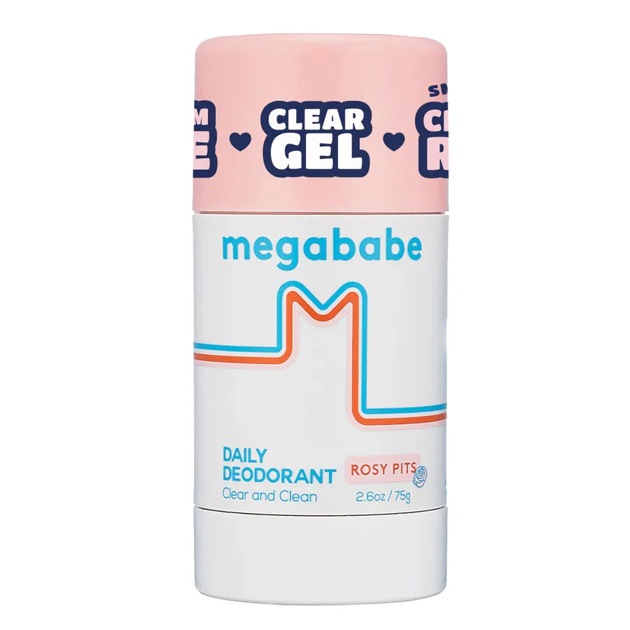 Megababe Rosy Pits Daily Deodorant stick in pink and white packaging