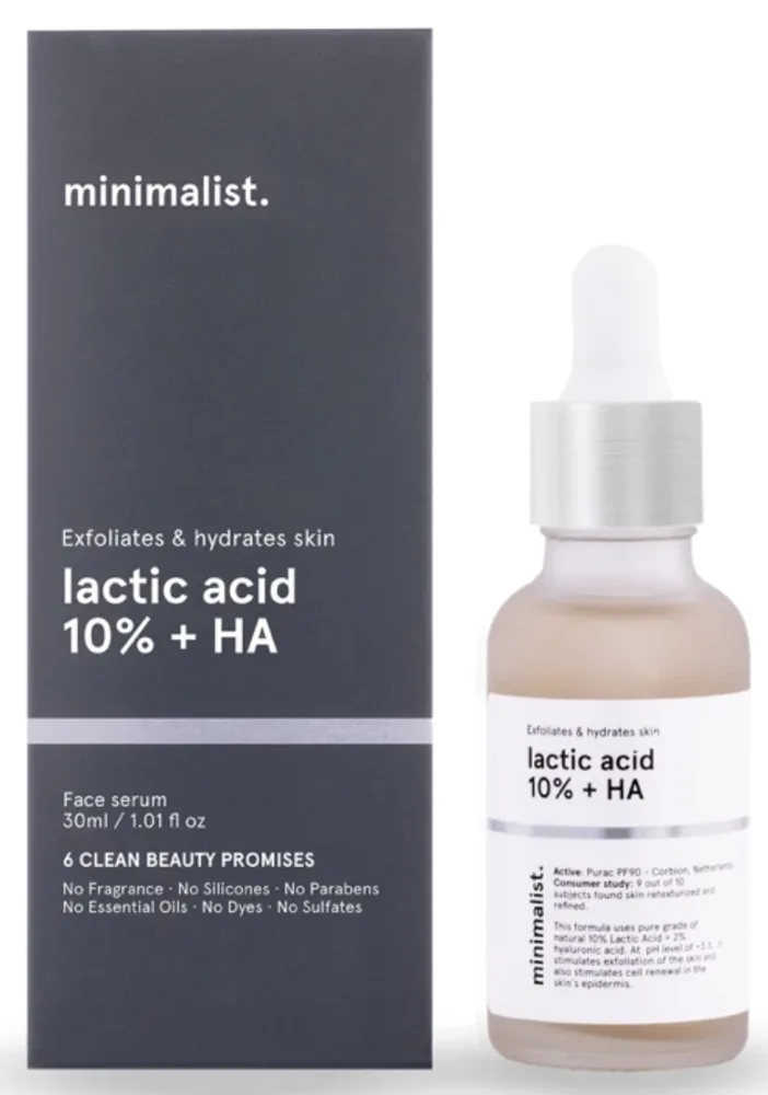 Minimalist 5% Lactic Acid + HA Exfoliating Face Serum 30ml amber glass dropper bottle