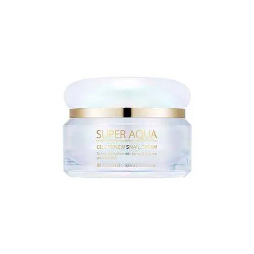 Missha Super Aqua Cell Renew Snail Cream jar with holographic pearlescent lid, 52ml Korean snail mucin moisturizer
