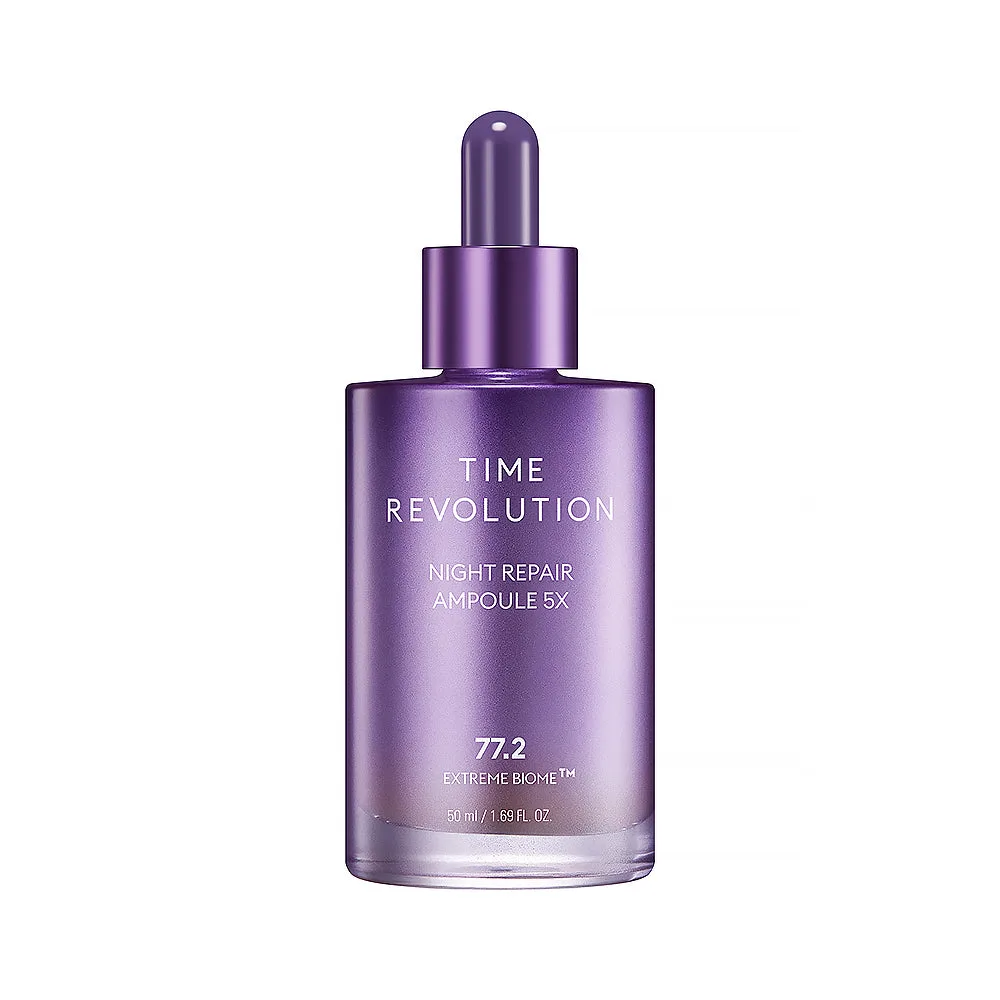 Missha Time Revolution Night Repair Ampoule 5X deep plum glass bottle with dropper, 50ml Korean probiotic night serum