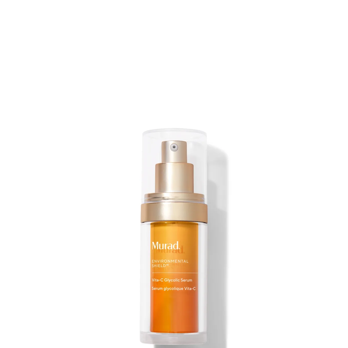 Murad Vita-C Glycolic Brightening Serum in dual-chamber pump bottle with orange and white packaging
