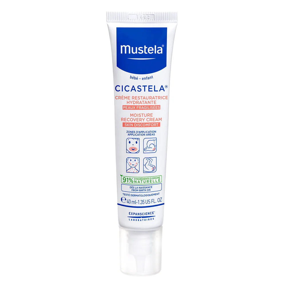 Mustela Cicastela Moisture Recovery Cream tube, 1.35 fl oz, fragrance-free baby recovery cream with avocado perseose