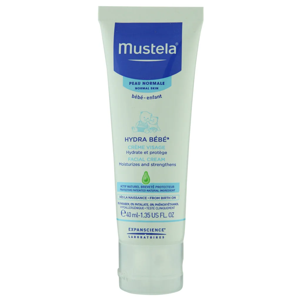 Mustela Hydra Bébé Face Cream tube, 1.35 fl oz, daily baby facial moisturizer with avocado perseose