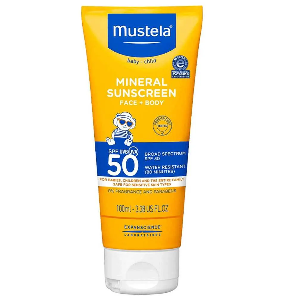 Mustela Very High Protection Mineral Sunscreen SPF 50 in a white tube with yellow accents