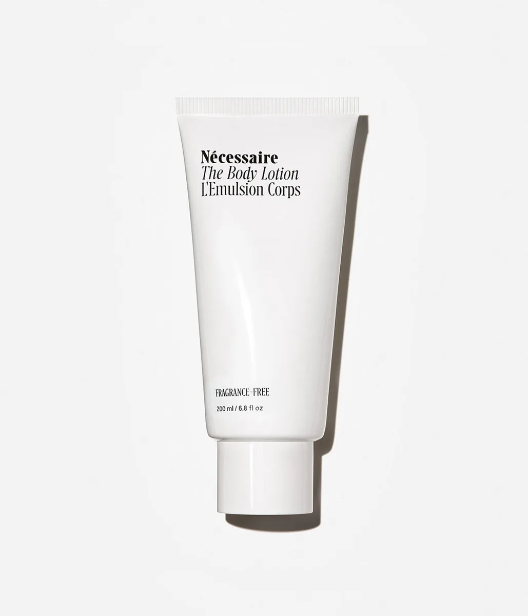 Nécessaire The Body Lotion 250ml tall pump bottle with minimalist typography