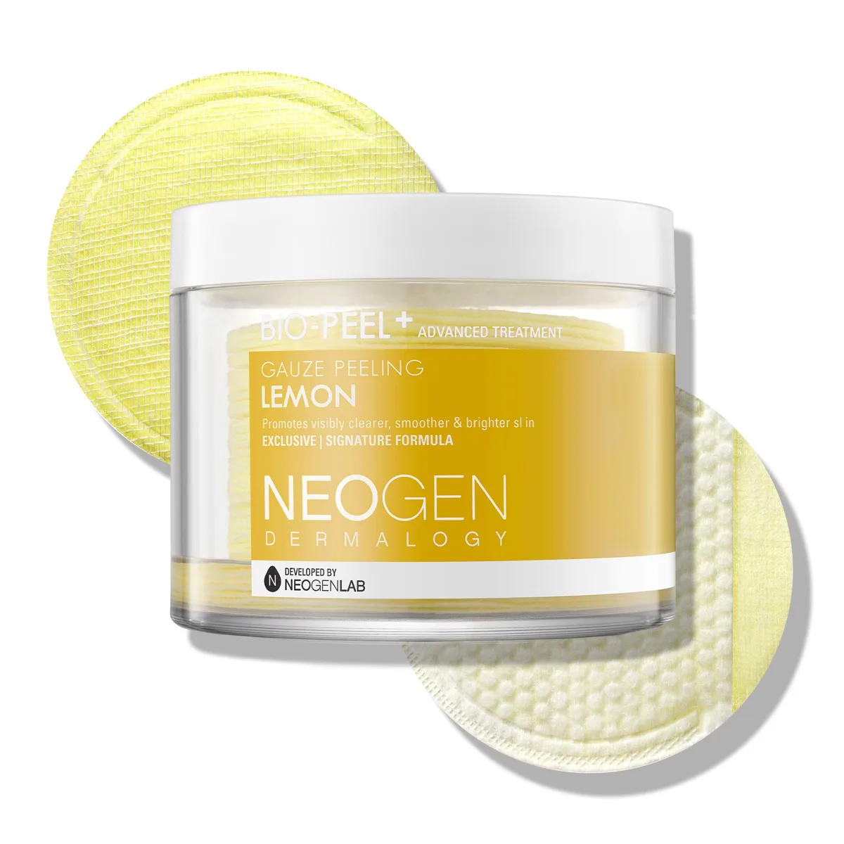 Neogen Bio-Peel Gauze Peeling Lemon in a round yellow tub with 30 presaturated cotton gauze pads