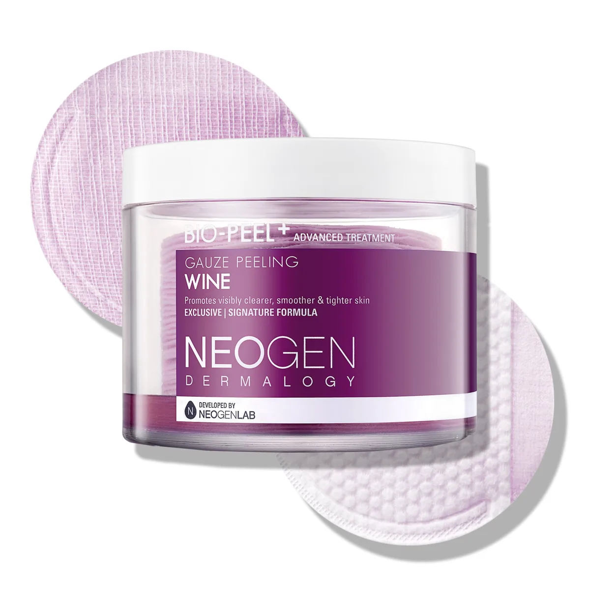 Neogen Bio-Peel Gauze Peeling Wine in a round purple-labeled tub with 30 presaturated cotton gauze pads
