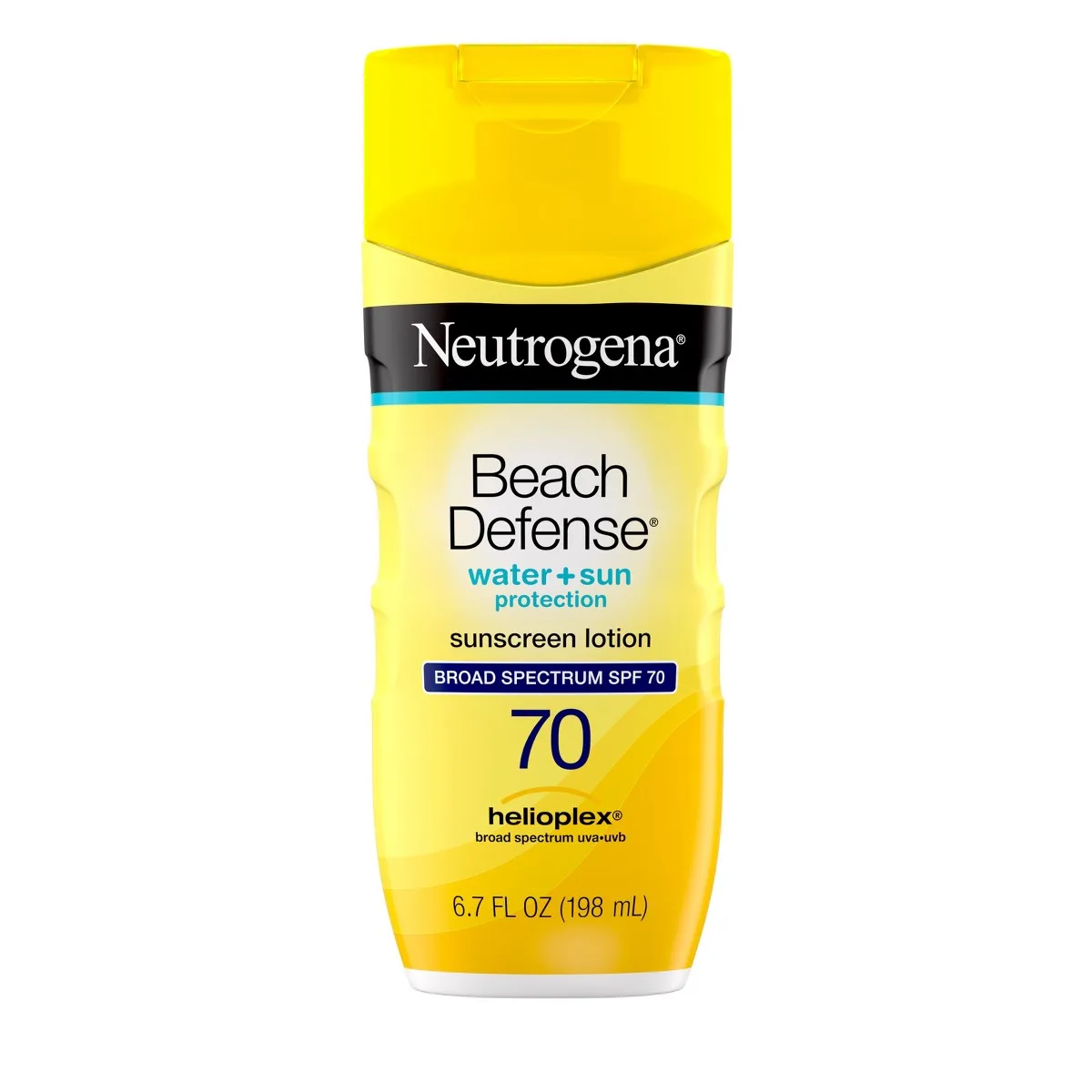 Neutrogena Beach Defense Water + Sun Protection Oxybenzone-Free Sunscreen Lotion SPF 70 in teal squeeze bottle
