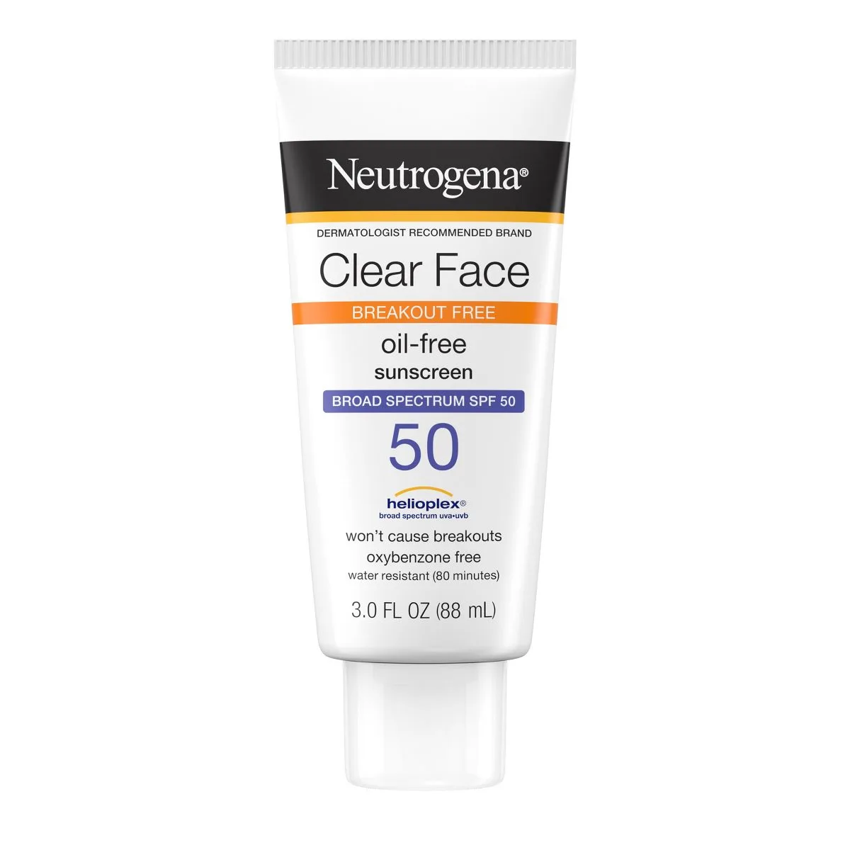 Neutrogena Clear Face Break-Out Free Liquid Lotion Sunscreen SPF 50, white and blue squeeze tube
