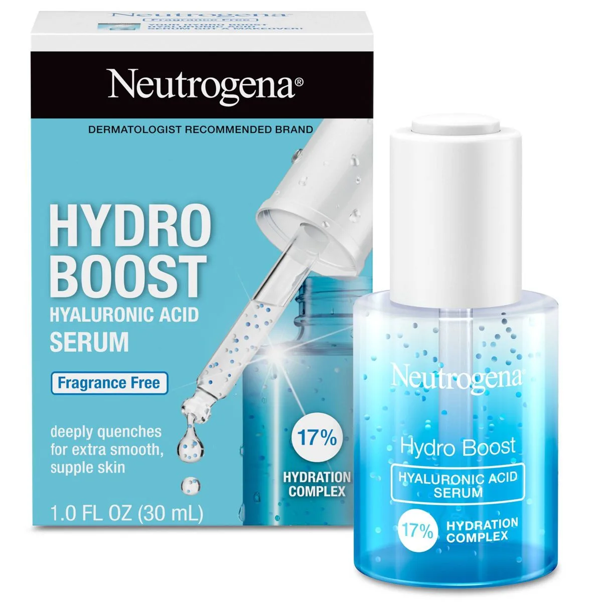 Neutrogena Hydro Boost Hyaluronic Acid Serum, blue and white glass bottle with dropper