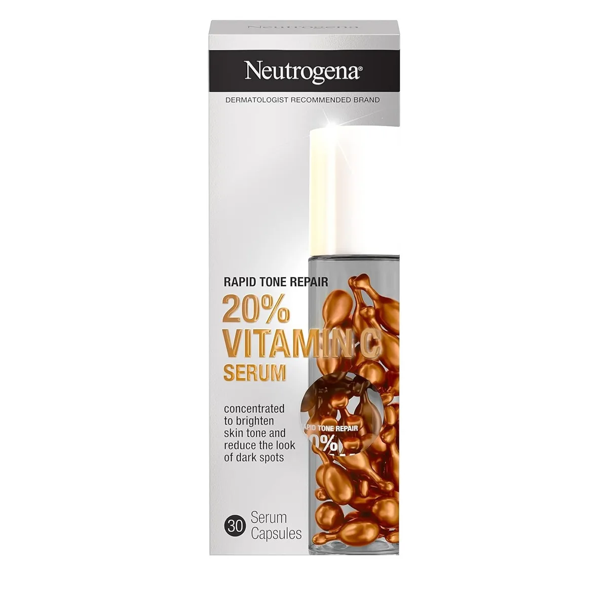 Neutrogena Rapid Tone Repair 20% Vitamin C Serum Capsules, clear jar with individual serum capsules