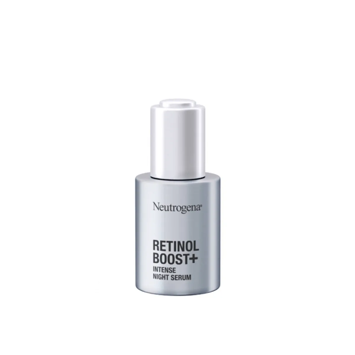 Neutrogena Retinol Boost+ Intense Night Serum, dark blue glass bottle with gold pipette dropper