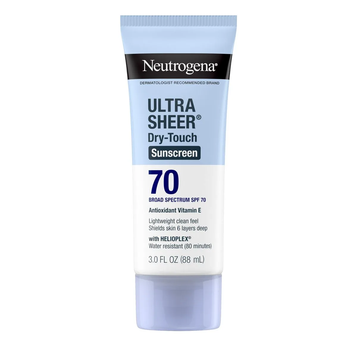 Neutrogena Ultra Sheer Dry-Touch Sunscreen SPF 70, white and blue squeeze tube