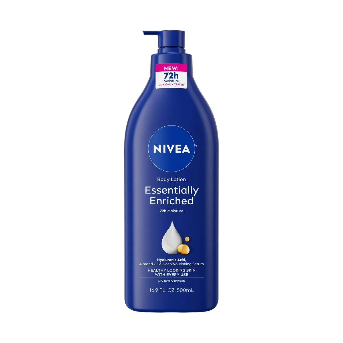 Nivea Essentially Enriched Body Lotion, white pump bottle with blue branding and almond imagery