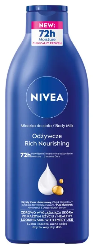 Nivea Rich Nourishing Body Lotion, white bottle with dark blue Nivea branding