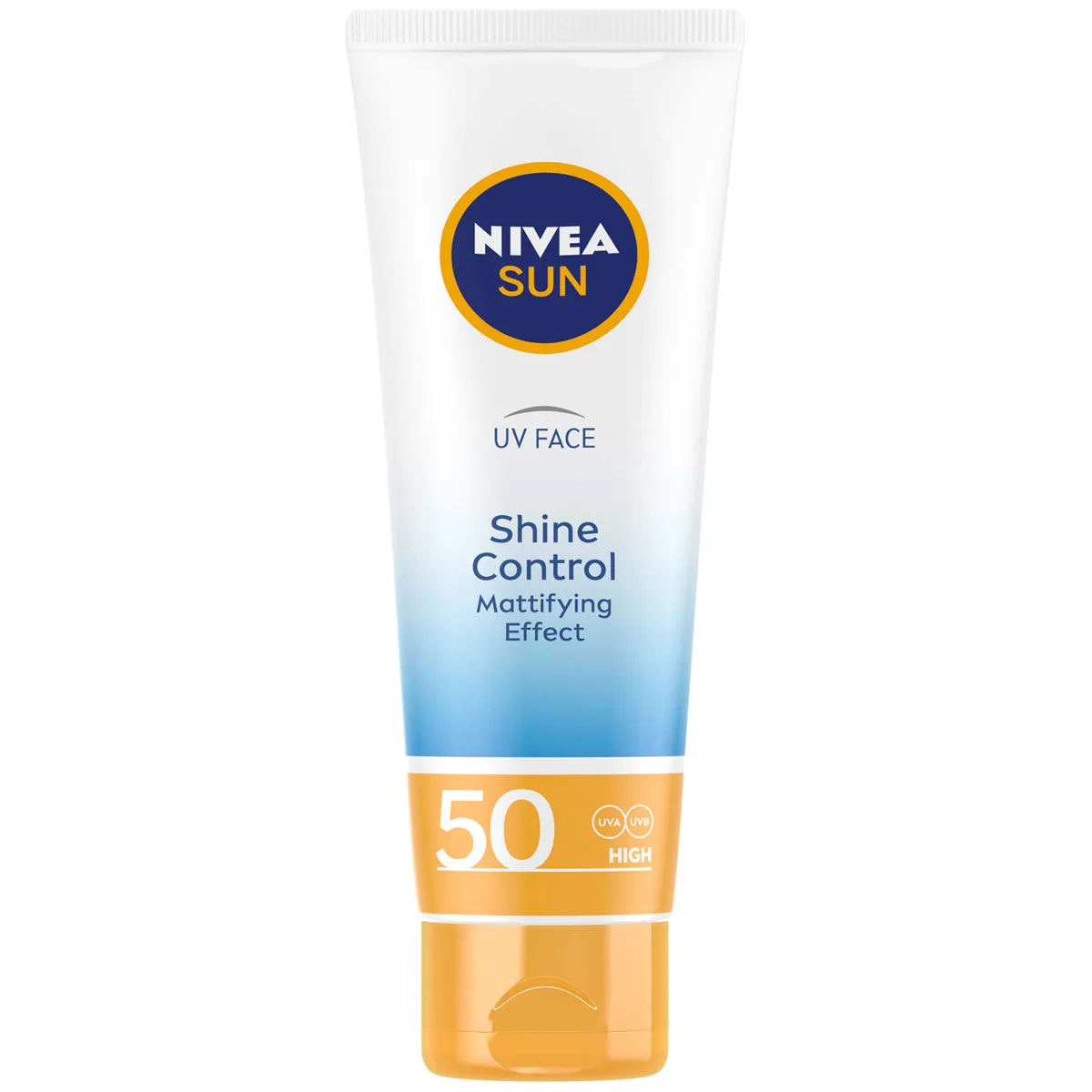 Nivea Sun UV Face Shine Control SPF 50 white tube with blue and yellow branding