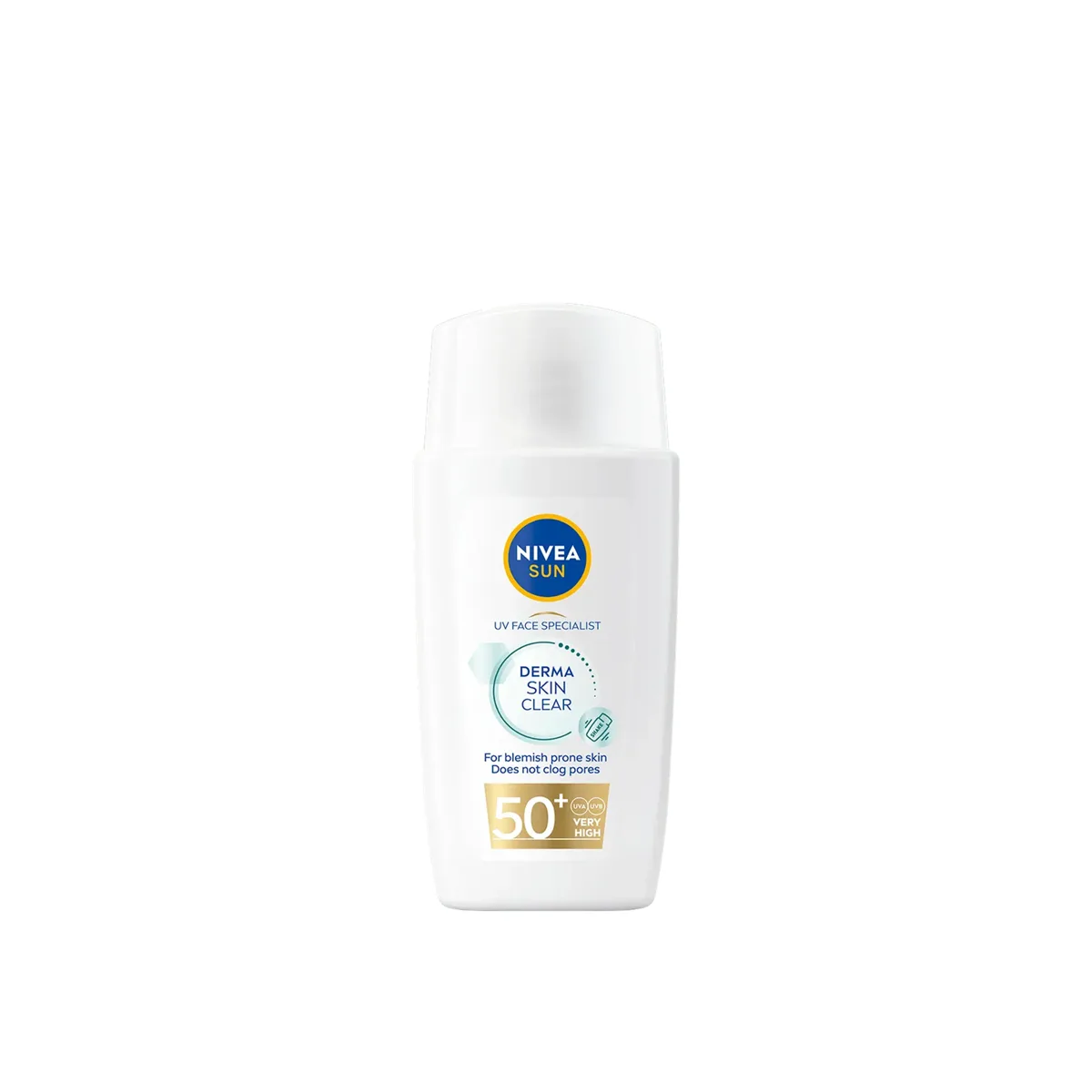 Nivea UV Face Specialist Derma Skin Clear SPF 50 40ml white tube with blue and green accents