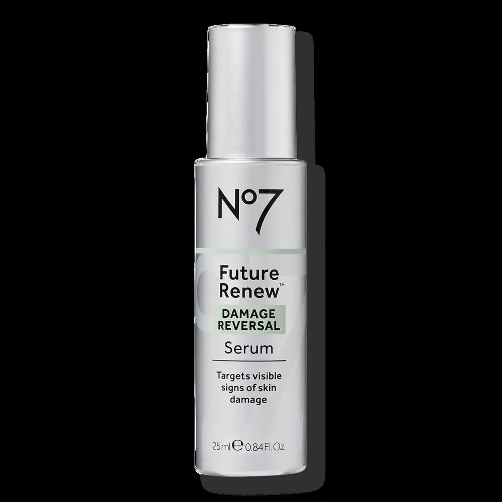 No7 Future Renew Damage Reversal Serum bottle with pump in rose-gold packaging