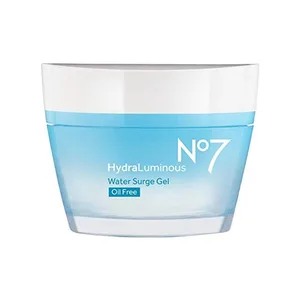 No7 HydraLuminous Water Gel lightweight moisturizer in turquoise glass jar