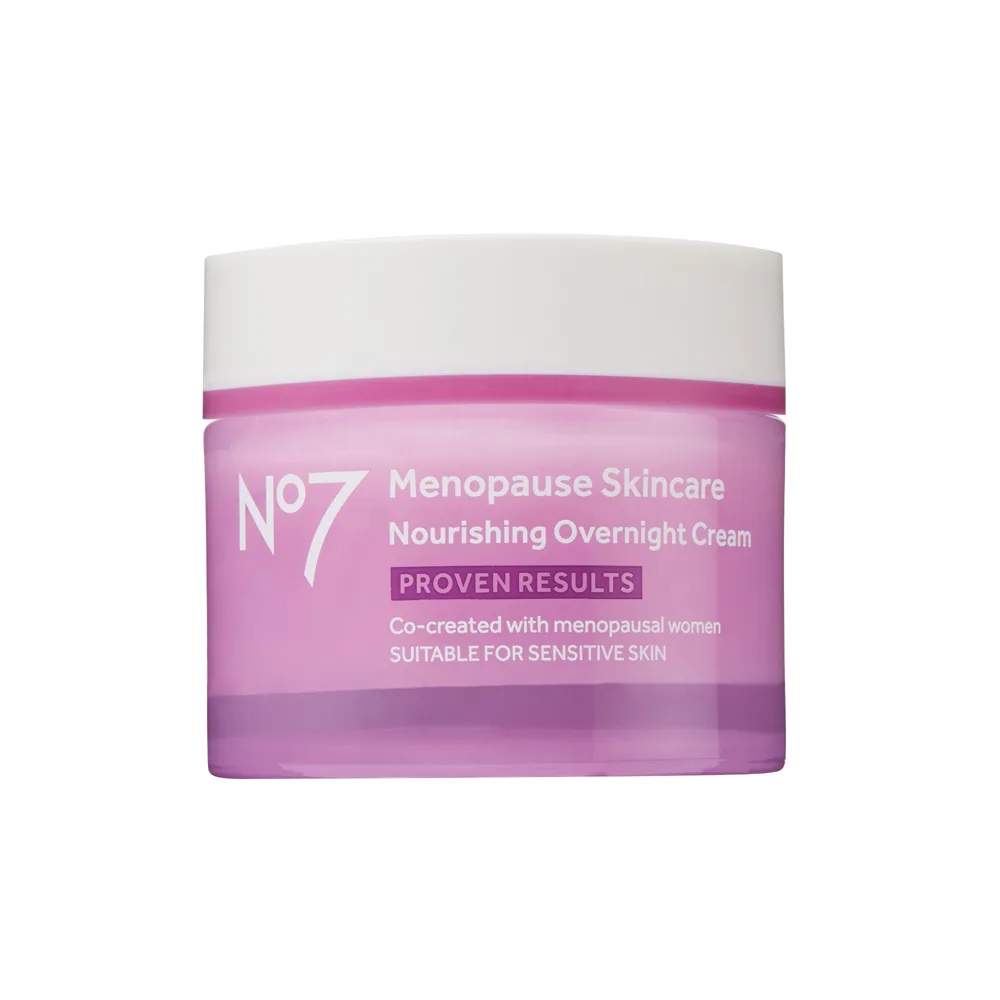 No7 Menopause Skincare Protect & Hydrate Day Cream SPF 30 in mauve and gold jar packaging