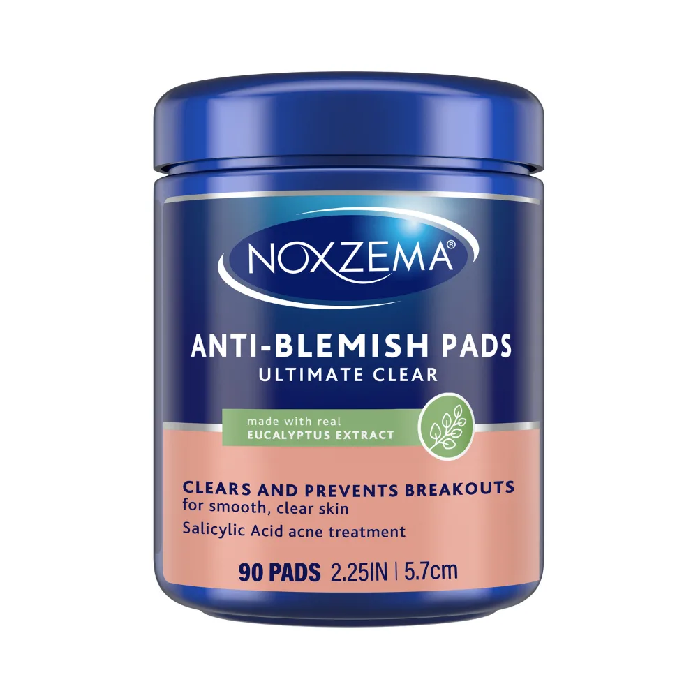 Noxzema Ultimate Clear Anti-Blemish Pads container with 90 pre-soaked salicylic acid treatment pads