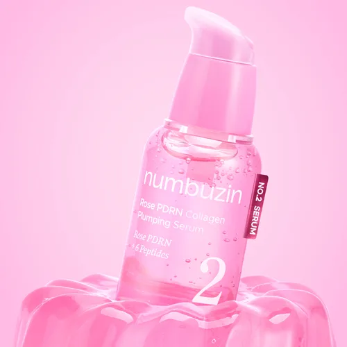 Numbuzin No. 2 Rose PDRN Collagen 2X Plumping Serum bottle with dropper applicator and pink-tinted serum