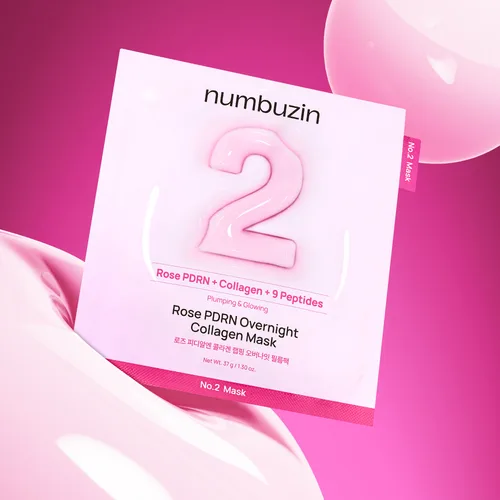 Numbuzin No. 2 Rose PDRN Overnight Collagen Mask individual packet with pink and white collagen mask design