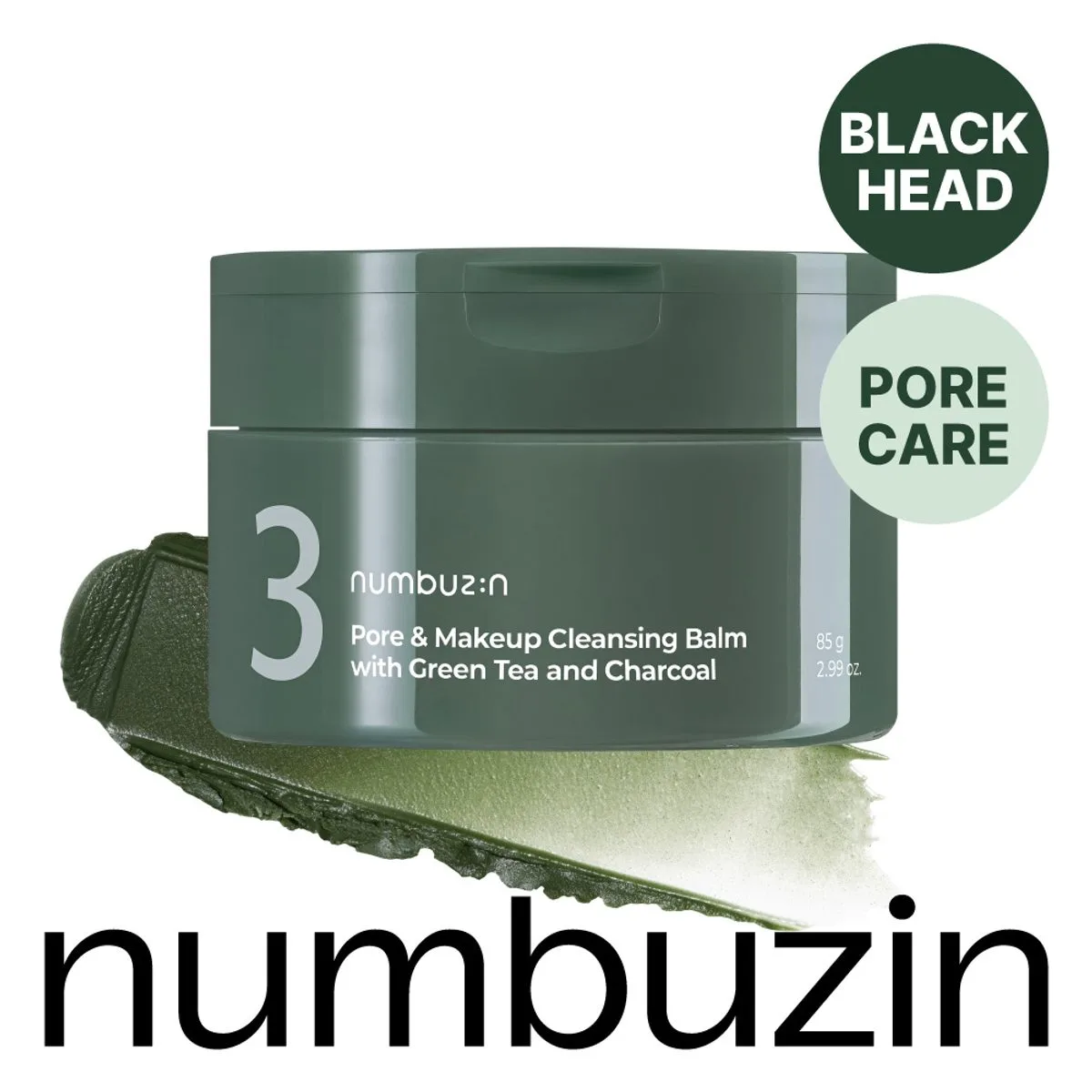 Numbuzin No. 3 Pore & Makeup Cleansing Balm in a jar showing green balm with visible green tea and charcoal particles